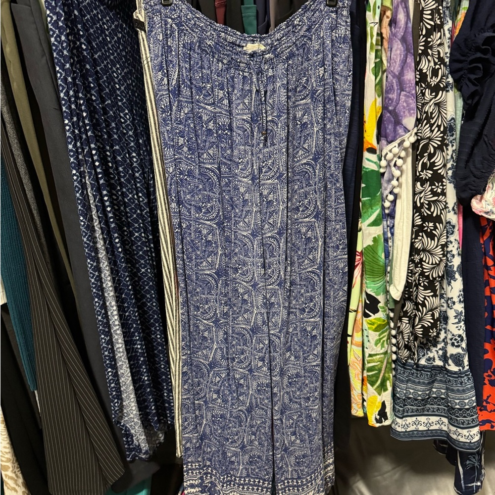 Blue Patterned Wide-Leg Pants